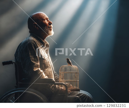 Senior Man in Wheelchair Holding a Birdcage with a Small Bird 129832231