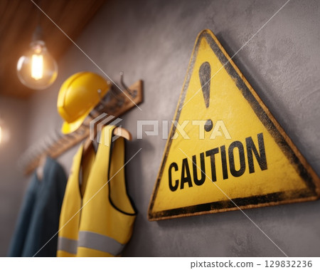 Safety Equipment Display with Hard Hat and Vest on Wall Hooks 129832236