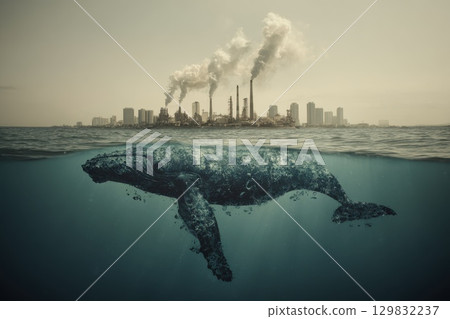 Majestic Whale Swimming Through Clouds Above Industrial Factory Landscape Majestic Whale Swimming Through Clouds Above Industrial Factory Landscape 129832237