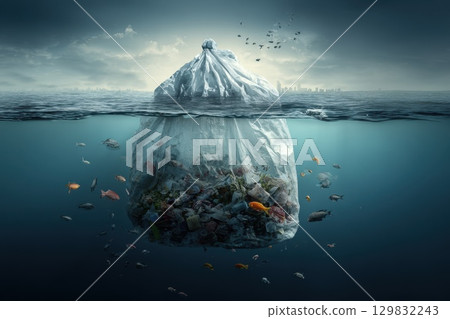 Massive Trash Bag Shaped Like Iceberg Floating in Water with Fish and Skyline Background Massive Trash Bag Shaped Like Iceberg Floating in Water with Fish and Skyline Background 129832243