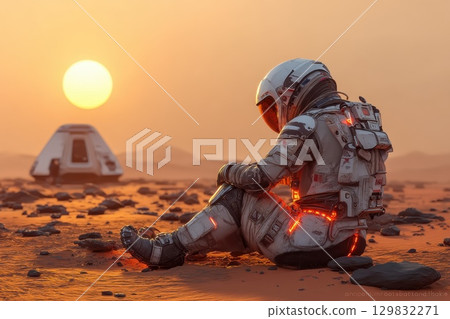 Red Fox in Customized Astronaut Suit Against a Breathtaking Sunset in Alien Landscape 129832271