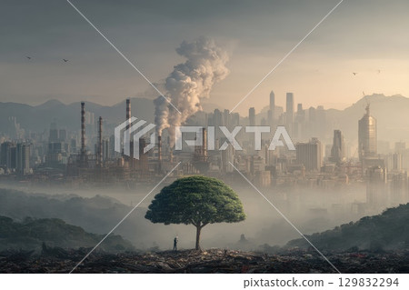 Person Planting Tree in Urban Landscape Surrounded by Pollution and Industrial Structures Person Planting Tree in Urban Landscape Surrounded by Pollution and Industrial Structures 129832294