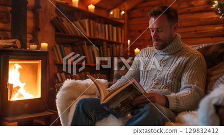 Cozy cabin scene with man reading by fireplace, surrounded by books and warm candlelight 129832412