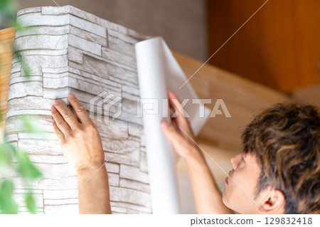 Renovation, DIY, Interior Construction, Dinoc Sheet, Printed Decorative Film Installation, Lamination 129832418