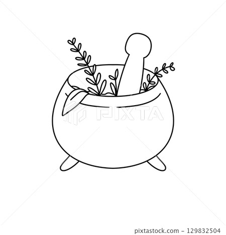 A white pot with herbs and a mortar and pestle inside A white pot with herbs and a mortar and pestle inside 129832504