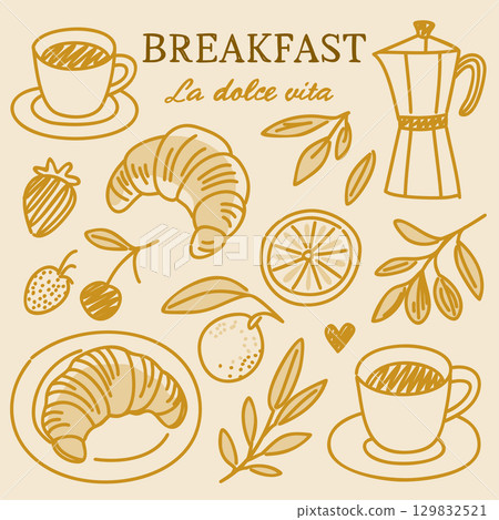 Vector hand drawn breakfast doodle set. Iconic Italian elements, warm beige and golden colors, and elegant typography, suitable for invitations, menus, and parties Vector hand drawn breakfast doodle set. Iconic Italian elements, warm beige and golden colors, and elegant typography, suitable for invitations, menus, and parties 129832521
