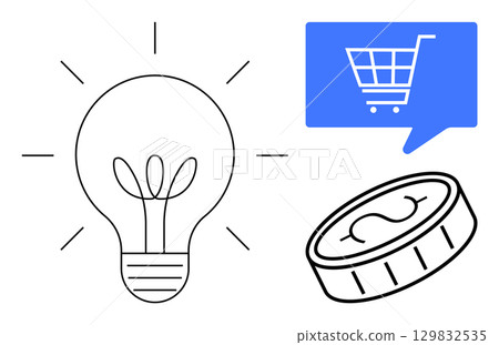 Light bulb emitting rays, coin with dollar sign, blue speech bubble featuring shopping cart. Ideal for business strategy, finance, innovation, e-commerce, online shopping, advertising, technology Light bulb emitting rays, coin with dollar sign, blue speech bubble featuring shopping cart. Ideal for business strategy, finance, innovation, e-commerce, online shopping, advertising, technology 129832535