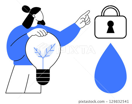 Woman holding light bulb with leaf inside while pointing at lock and water drop icons. Ideal for sustainability, security, innovation, energy conservation, nature, environmental protection Woman holding light bulb with leaf inside while pointing at lock and water drop icons. Ideal for sustainability, security, innovation, energy conservation, nature, environmental protection 129832541