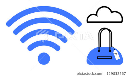 wireless signal, cloud, and shopping bag with price tag. Ideal for e-commerce, digital marketing, online shopping, internet services, cloud computing modern retail virtual markets. Line metaphor 129832567