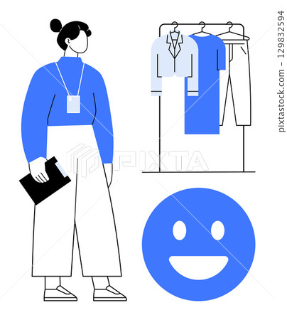 Fashion stylist with clipboard observing clothes on rack and happy face emoticon. Ideal for fashion industry, retail, personal styling, wardrobe organization, consulting, shopping, client engagement 129832594