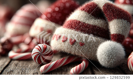Festive red and white striped knit hat with candy canes and peppermint candies on wooden surface 129832599