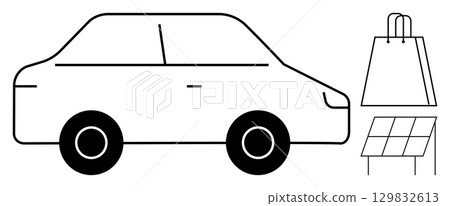 Car outline with shopping bag and solar panels emphasizing eco-friendly and sustainable living practices. Ideal for green transportation, renewable energy, eco-friendly shopping, and sustainable Car outline with shopping bag and solar panels emphasizing eco-friendly and sustainable living practices. Ideal for green transportation, renewable energy, eco-friendly shopping, and sustainable 129832613