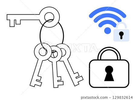 Three keys on a keyring with padlock and wireless security icon. Ideal for security, technology, internet, privacy, data protection, access control, and safety themes. Line metaphor 129832614