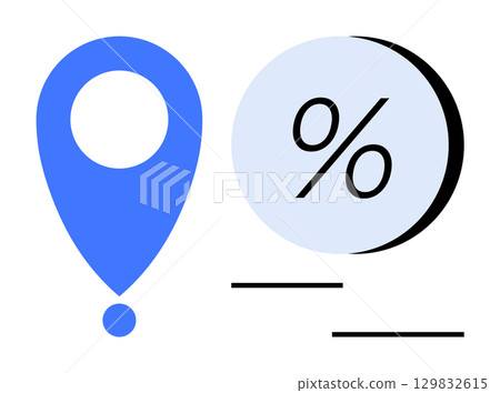 Blue location pin beside large percentage symbol in light blue circle with black lines underneath. Ideal for business growth, marketing, sales, finance, navigation, analytics, and real estate themes Blue location pin beside large percentage symbol in light blue circle with black lines underneath. Ideal for business growth, marketing, sales, finance, navigation, analytics, and real estate themes 129832615