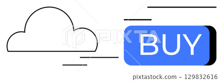 Cloud icon with blue BUY button and motion lines suggesting fast online purchasing. Ideal for ecommerce, digital marketing, online sales, technology, cloud services, user experience, shopping apps 129832616