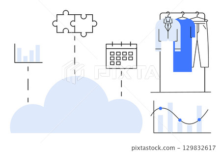 Cloud connected with bar graphs, puzzle pieces, calendar, and clothing rack. Ideal for fashion retail, inventory, data analysis, cloud computing integration planning online stores. Line metaphor Cloud connected with bar graphs, puzzle pieces, calendar, and clothing rack. Ideal for fashion retail, inventory, data analysis, cloud computing integration planning online stores. Line metaphor 129832617