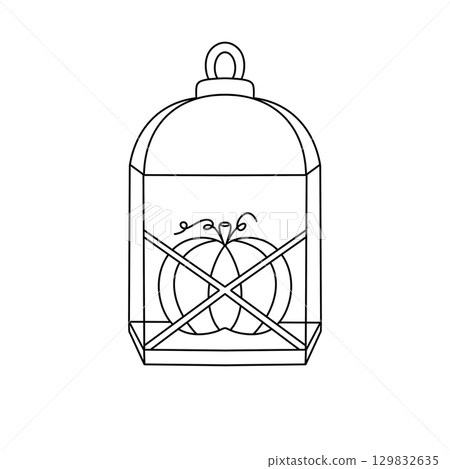 A black and white drawing of a pumpkin lantern with two pumpkins inside A black and white drawing of a pumpkin lantern with two pumpkins inside 129832635