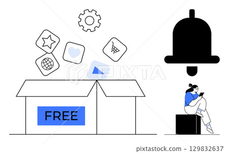 Icons for favorite, heart, shopping cart, globe, and play rise from box labeled FREE. Person sits using a device near notification bell. Ideal for promotions, marketing, apps user engagement Icons for favorite, heart, shopping cart, globe, and play rise from box labeled FREE. Person sits using a device near notification bell. Ideal for promotions, marketing, apps user engagement 129832637