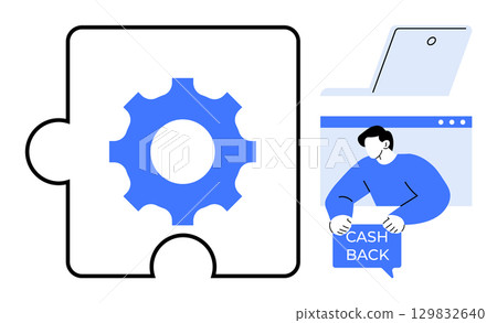 Gear puzzle piece with blue cog beside person holding cashback sign near computer Ideal for financial management, ecommerce rewards, system integration, online shopping benefits, business efficiency 129832640