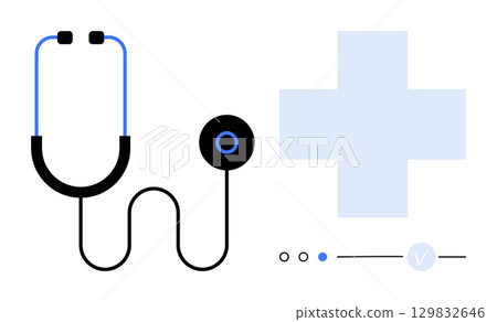 Medical stethoscope with light blue cross and three check marks. Ideal for healthcare, medical practice, diagnosis, health services, hospital management, patient care, professional consultations 129832646