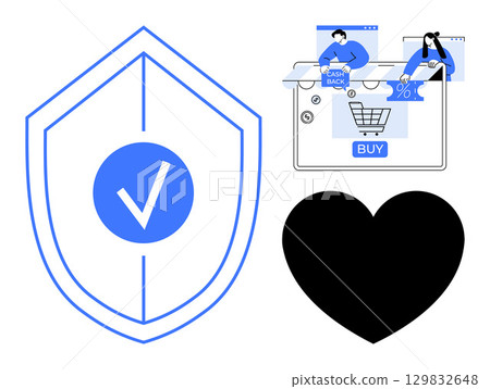 Shield with check mark, black heart, and online shopping scenes with cashback and discount. Ideal for e-commerce, cybersecurity, online payment, shopping apps, promotional offers, customer rewards Shield with check mark, black heart, and online shopping scenes with cashback and discount. Ideal for e-commerce, cybersecurity, online payment, shopping apps, promotional offers, customer rewards 129832648