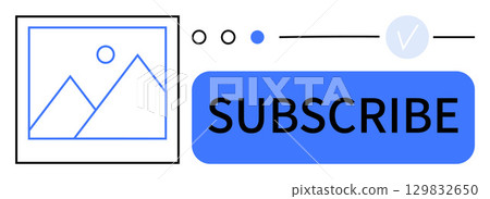 Geometric image of mountains and sun next to bold blue Subscribe button and connected icons. Ideal for web design, marketing, social media, notifications, calls to action, digital content, online 129832650