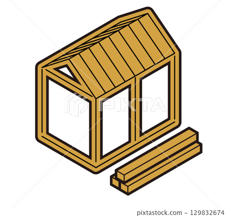 Isometric illustration of a new house under construction at the framing stage (isometric drawing) 129832674