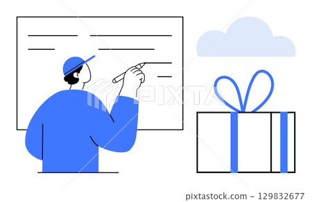 Man writing on a whiteboard wearing a hat next to a gift box and cloud. Ideal for education, brainstorming, planning, presentations, celebrations, cloud services, remote work. Line metaphor 129832677