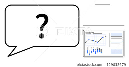 Question mark inside a speech bubble adjacent to data analytics chart with graphs and bars. Ideal for business decisions, uncertainty, data interpretation, analytics, research findings, strategic 129832679
