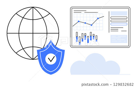 Globe with shield, data analytics display showing graphs and charts, and cloud icon. Ideal for cybersecurity, data analysis, cloud computing, global networks, IT infrastructure, business analytics Globe with shield, data analytics display showing graphs and charts, and cloud icon. Ideal for cybersecurity, data analysis, cloud computing, global networks, IT infrastructure, business analytics 129832682