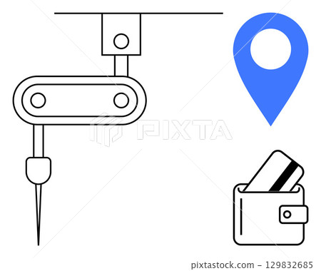 Robotic arm processes credit card next to a geolocation marker and wallet. Ideal for retail tech, automation, e-commerce, location tracking, payment systems, robotic applications, futuristic markets 129832685