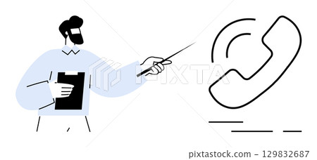Man with a beard holding a clipboard and pointing with a stick at a large phone icon. Ideal for customer service strategies, business presentations, communication training, tech support, client Man with a beard holding a clipboard and pointing with a stick at a large phone icon. Ideal for customer service strategies, business presentations, communication training, tech support, client 129832687