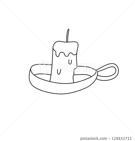 A candle is on a plate with a handle 129832711