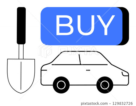 Spade and car outline next to a large blue BUY button symbolize e-commerce. Ideal for online shopping, digital marketplaces, consumer goods, e-commerce platforms, product advertisements, retail Spade and car outline next to a large blue BUY button symbolize e-commerce. Ideal for online shopping, digital marketplaces, consumer goods, e-commerce platforms, product advertisements, retail 129832726