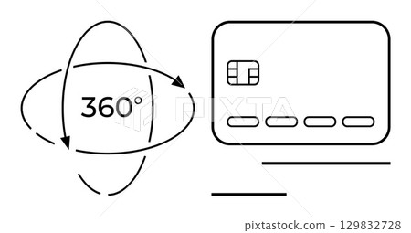 360-degree circle next to a credit card with a chip and blank spaces for information. Ideal for financial services, digital banking, online security, payment processing, modern banking, comprehensive 360-degree circle next to a credit card with a chip and blank spaces for information. Ideal for financial services, digital banking, online security, payment processing, modern banking, comprehensive 129832728