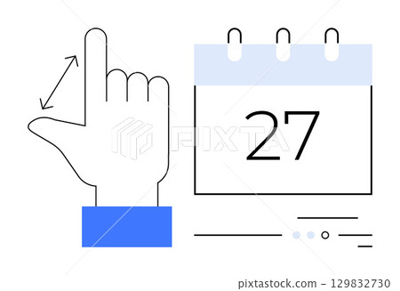 Hand showing upward gesture with arrow next to a wall calendar displaying the number 27. Ideal for scheduling, reminders, planning, organization, productivity, time management, events. Line metaphor 129832730