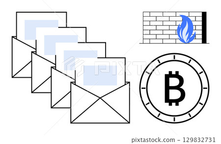 Four email envelopes with attachments, a firewall with a blue flame, and a Bitcoin symbol. Ideal for cybersecurity, financial transactions, blockchain, secure communications, digital money, network 129832731