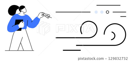 Person wearing blue holding a paper airplane, abstract black curved lines, and dots symbolizing ideas. Ideal for creativity, brainstorming, innovation, ideas, strategy, planning, teamwork. Line 129832732