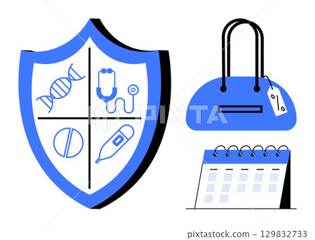 Shield with DNA, stethoscope, pill, and thermometer icons shopping bag with price tag calendar. Ideal for healthcare planning, medical appointments, lifestyle management, health budgeting, wellness Shield with DNA, stethoscope, pill, and thermometer icons shopping bag with price tag calendar. Ideal for healthcare planning, medical appointments, lifestyle management, health budgeting, wellness 129832733