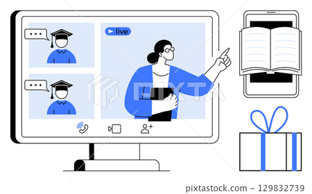 Virtual classroom with teacher pointing, two students with graduation caps on screen, smartphone displaying book, and gift box. Ideal for online education, teaching, graduation, e-learning, virtual 129832739