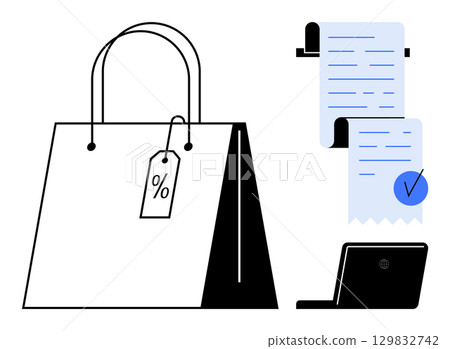 Shopping bag with a percentage tag and a receipt printing from a machine. Ideal for e-commerce, retail, discounts, sales promotions, and online shopping. Clean modern style 129832742