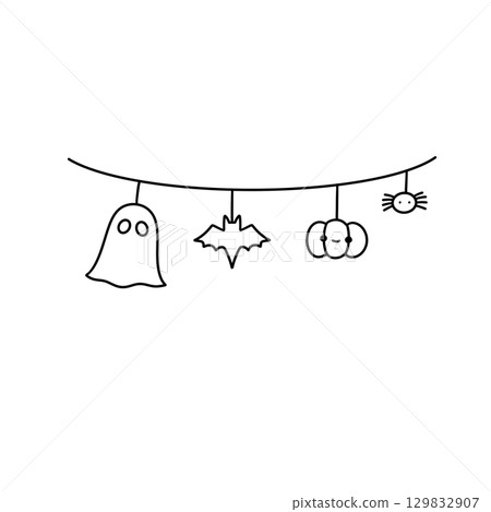 A Halloween themed decoration with a ghost, a bat 129832907