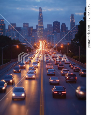 City street illuminated at twilight with skyline view of iconic tower 129832939