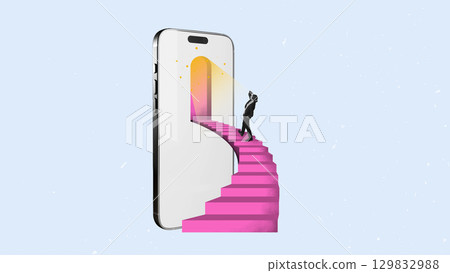 Graphic collage. Businessman climbing stairs emerging from smartphone doorway to digital future Graphic collage. Businessman climbing stairs emerging from smartphone doorway to digital future 129832988