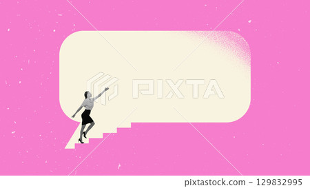 Collage of businesswoman climbing speech bubble staircase reaching upward communication growth 129832995
