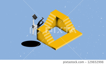 Modern artwork. Businessman falling from endless yellow staircase into black void Modern artwork. Businessman falling from endless yellow staircase into black void 129832998