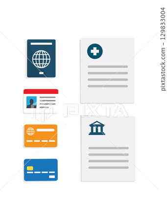 Document Icons of passports, identity cards, credit cards and documents with medical and legal symbols, arranged on a white background. 129833004