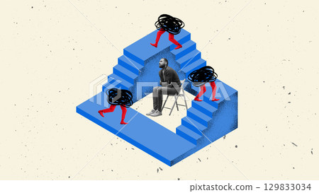 Collage of man sitting on chair surrounded by chaotic figures on surreal blue staircase Collage of man sitting on chair surrounded by chaotic figures on surreal blue staircase 129833034