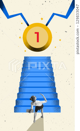 Contemporary collage. Woman climbing blue steps toward golden medal number one symbol of achievement 129833047