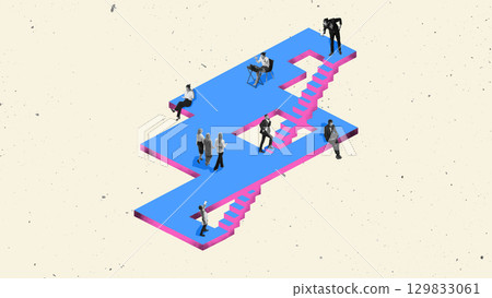 Surreal collage. Office employees walking and working on staircase symbolizing corporate strategy and planning. Surreal collage. Office employees walking and working on staircase symbolizing corporate strategy and planning. 129833061